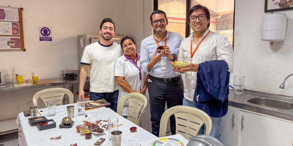 Alexis Villacis conducting cacao sensory analysis tasting in a lab in Ecuador.