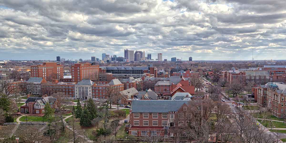 Ohio State campus and the Columbus skyline in the background