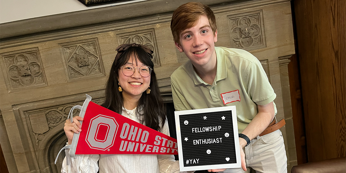 Cindy An and Patrick Arp attend the Ohio State University Undergraduate Fellowship Office's end of semester celebration