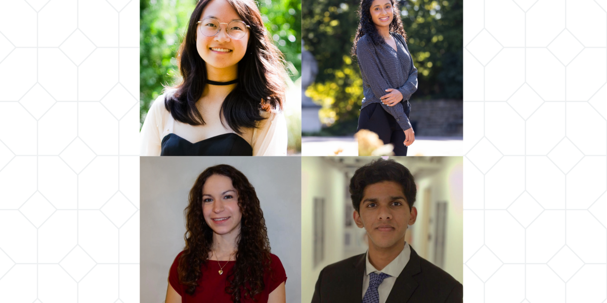 Four students are pictured in a collage format. The background for each student differs, displaying greenery, outdoor scenes, or neutral settings.