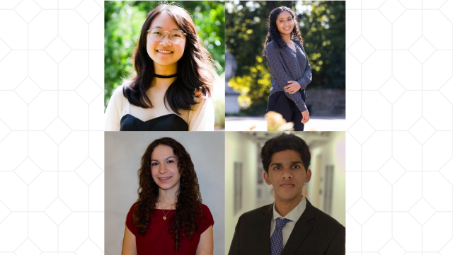 Four students are pictured in a collage format. The background for each student differs, displaying greenery, outdoor scenes, or neutral settings.