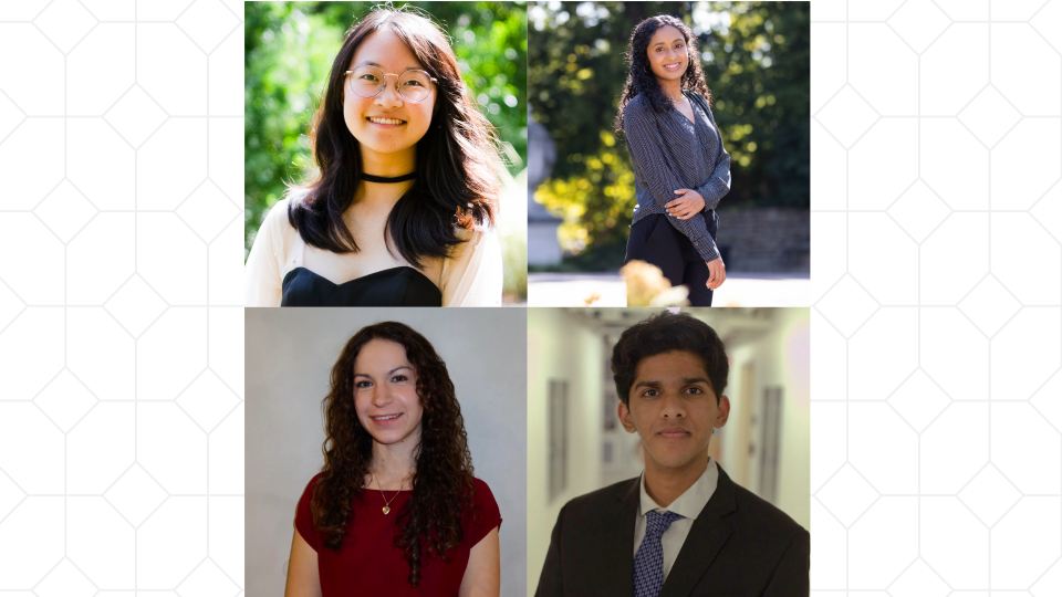 Four students are pictured in a collage format. The background for each student differs, displaying greenery, outdoor scenes, or neutral settings.